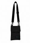 A black nylon crossbody phone bag with a long adjustable shoulder strap and a small black brand patch on the front pocket, shown against a plain white background.
