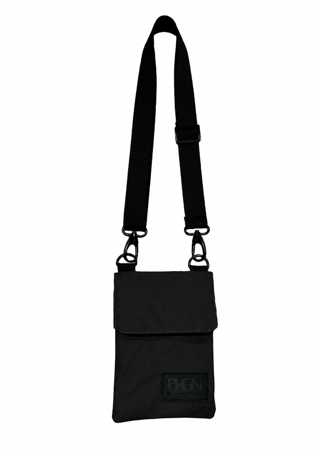 A black nylon crossbody phone bag with a long adjustable shoulder strap and a small black brand patch on the front pocket, shown against a plain white background.