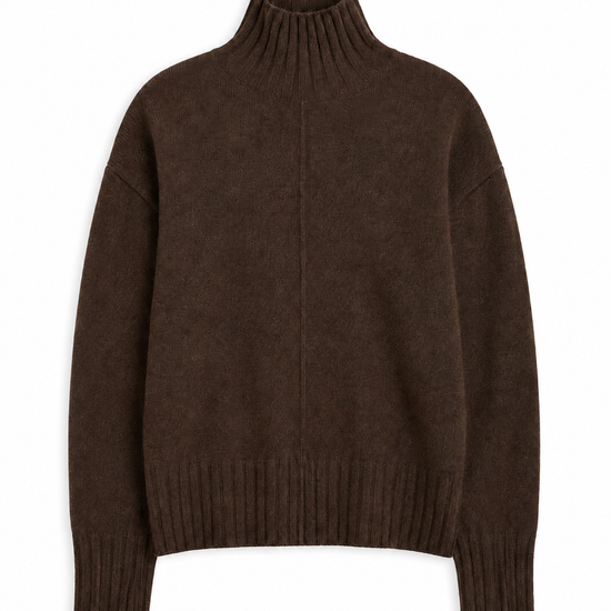 A dark brown knit turtleneck sweater with a ribbed crew neck, cuffs, and hem, displayed on a clean white background.
