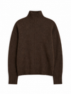A dark brown knit turtleneck sweater with a ribbed crew neck, cuffs, and hem, displayed on a clean white background.