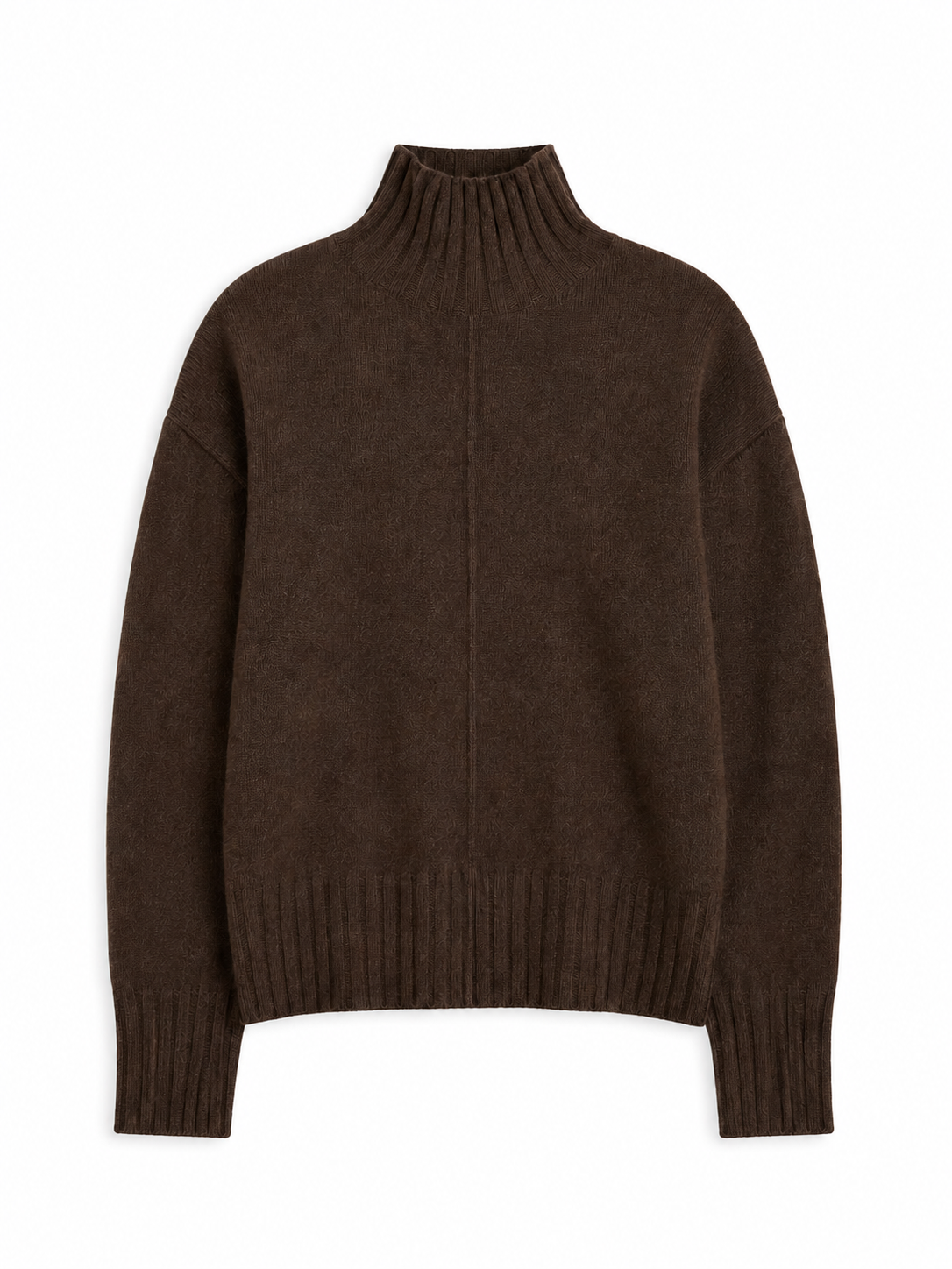 A dark brown knit turtleneck sweater with a ribbed crew neck, cuffs, and hem, displayed on a clean white background.