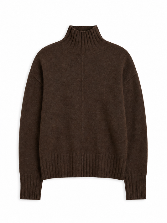 A dark brown knit turtleneck sweater with a ribbed crew neck, cuffs, and hem, displayed on a clean white background.