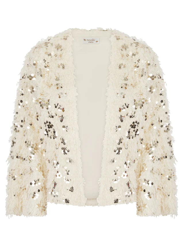 Cream feathery faux fur and sequin kimono top with wide three quarter length sleeves 