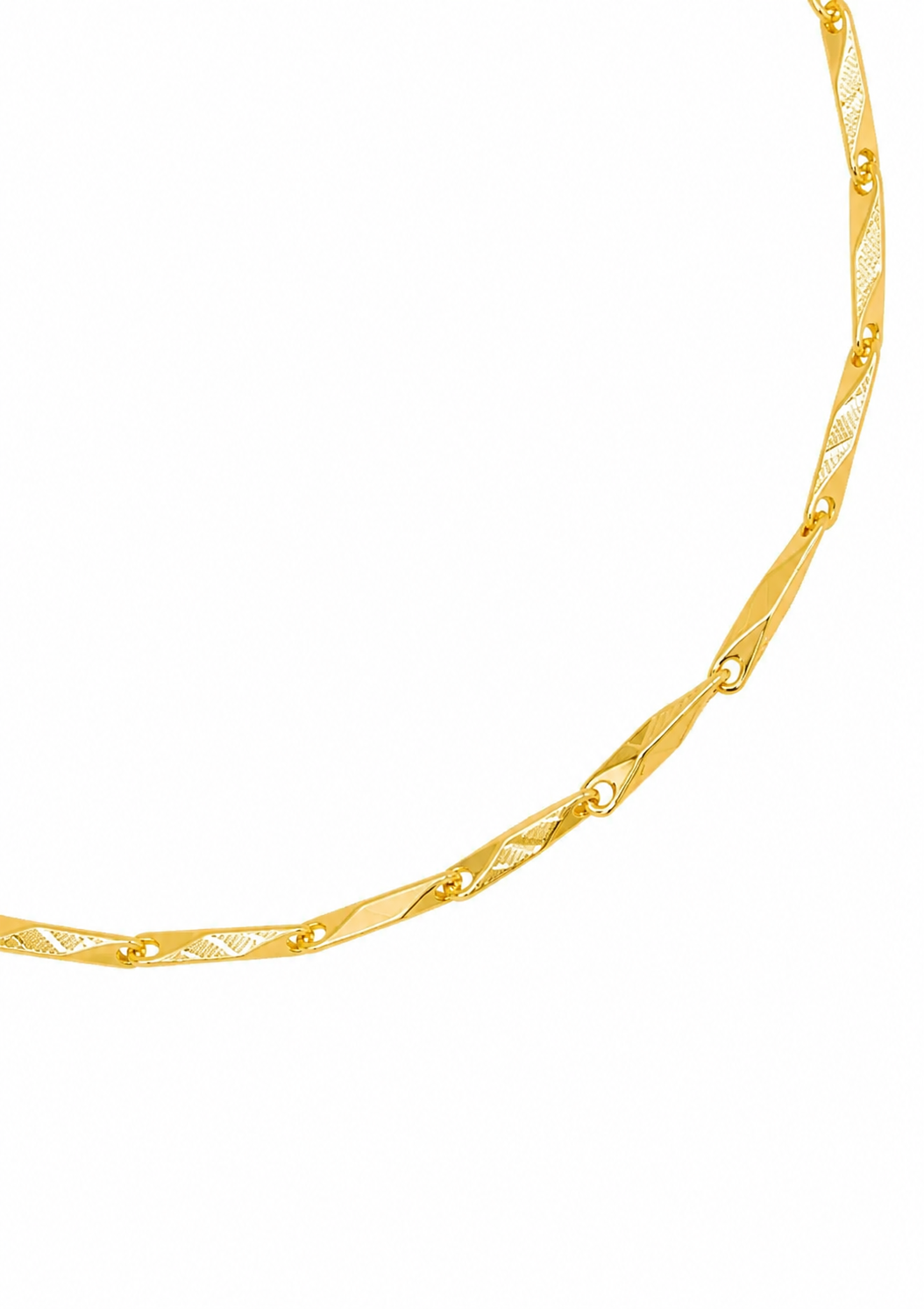 A close-up of a gold chain necklace with a textured, diamond-patterned center and small raised gold dots along the edges, shown against a plain white background.
