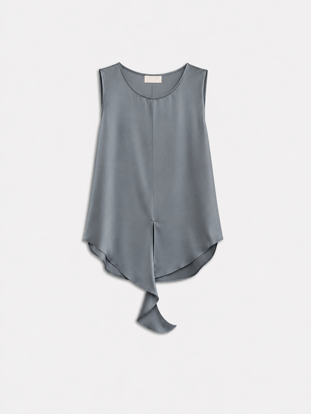 A sleeveless, high-low draped top in a muted slate gray color, displayed flat against a light gray background.