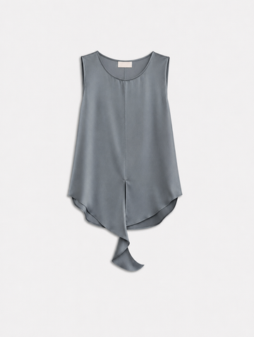 A sleeveless, high-low draped top in a muted slate gray color, displayed flat against a light gray background.