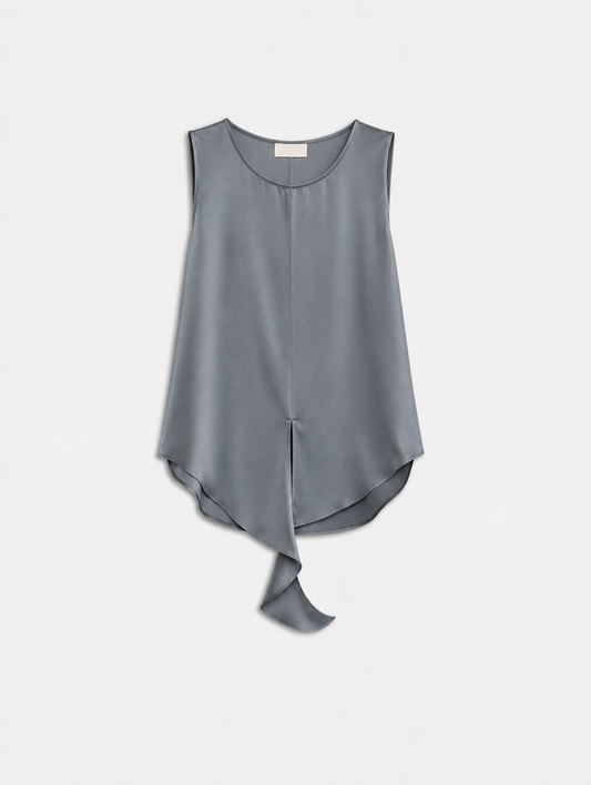 A sleeveless, high-low draped top in a muted slate gray color, displayed flat against a light gray background.
