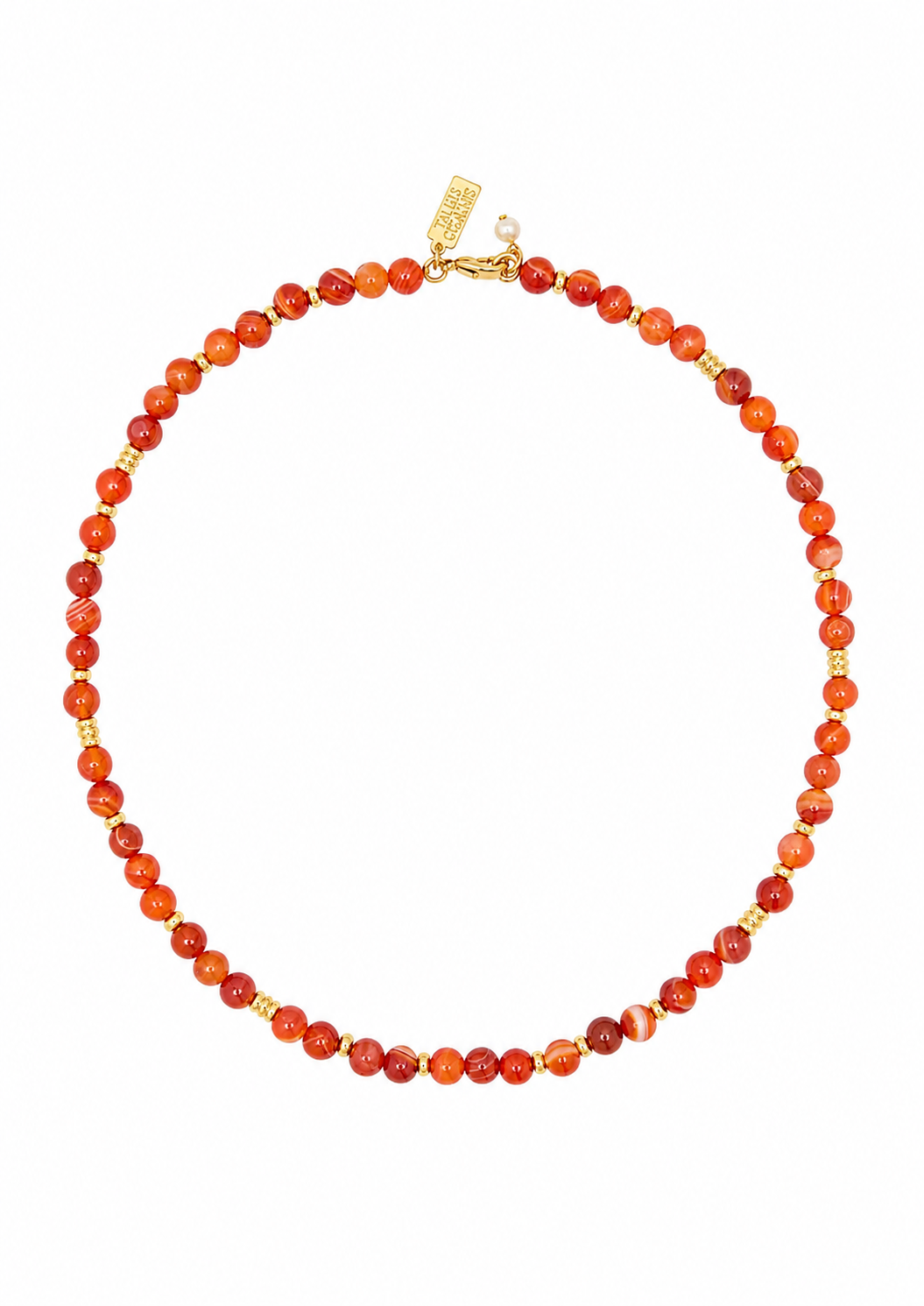 A beaded necklace made of round orange-red marbled beads with small gold spacer beads and a gold clasp, shown on a plain white background.