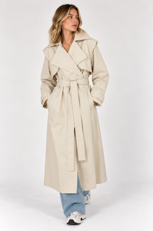 model wearing a beige long trench coat, and blue jeans on a white background 