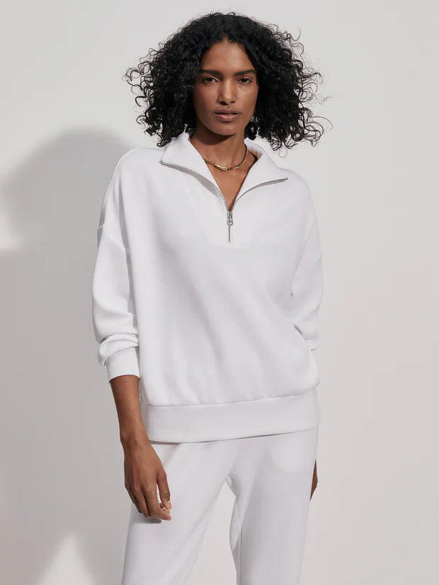 White half zip doublesoft sweatshirt with silver hardware and turtleneck