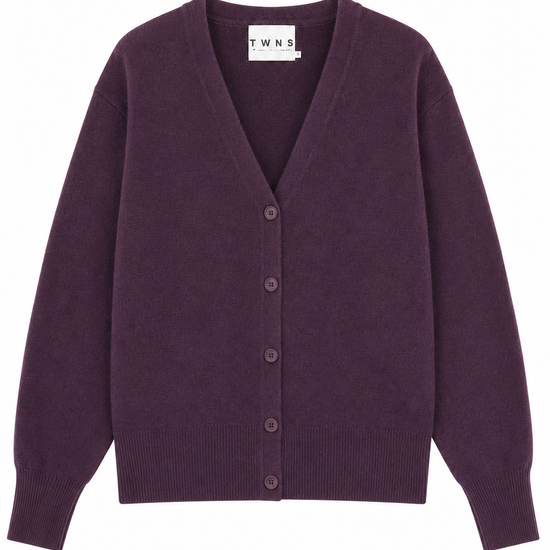 A dark purple V-neck cardigan sweater with a button-up front, shown flat against a plain white background. The brand label 'TWNS' is visible inside the collar.