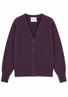 A dark purple V-neck cardigan sweater with a button-up front, shown flat against a plain white background. The brand label 'TWNS' is visible inside the collar.