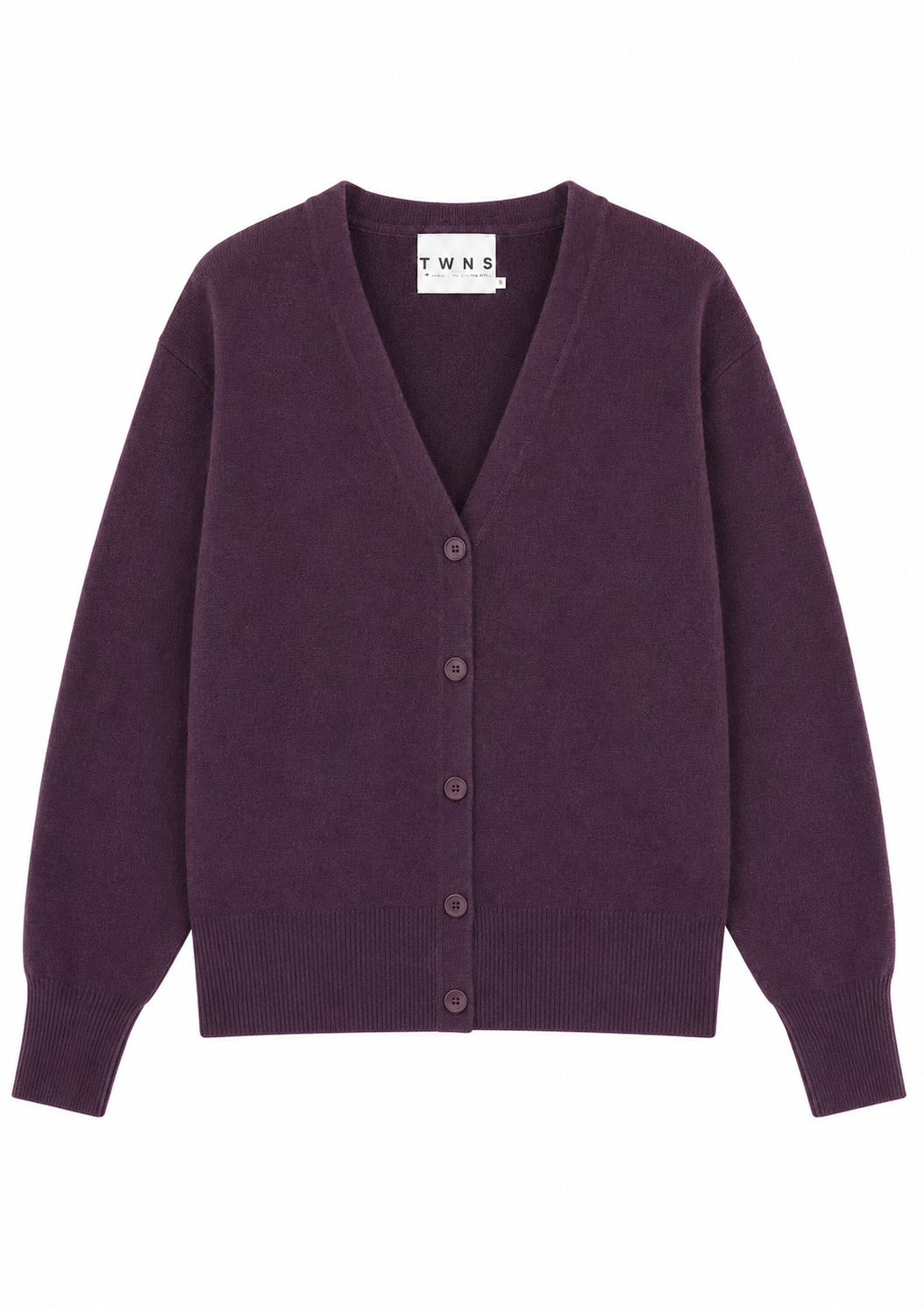 A dark purple V-neck cardigan sweater with a button-up front, shown flat against a plain white background. The brand label 'TWNS' is visible inside the collar.