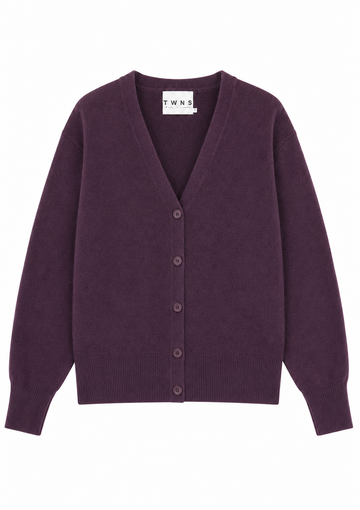 A dark purple V-neck cardigan sweater with a button-up front, shown flat against a plain white background. The brand label 'TWNS' is visible inside the collar.