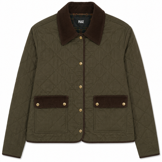 An olive green quilted jacket with dark brown corduroy collar and pocket flaps, featuring gold-tone snap buttons and a visible Pliage brand label.