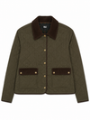 An olive green quilted jacket with dark brown corduroy collar and pocket flaps, featuring gold-tone snap buttons and a visible Pliage brand label.