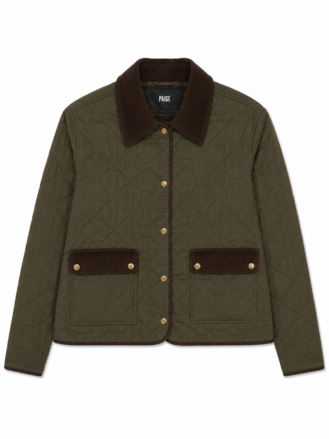 An olive green quilted jacket with dark brown corduroy collar and pocket flaps, featuring gold-tone snap buttons and a visible Pliage brand label.