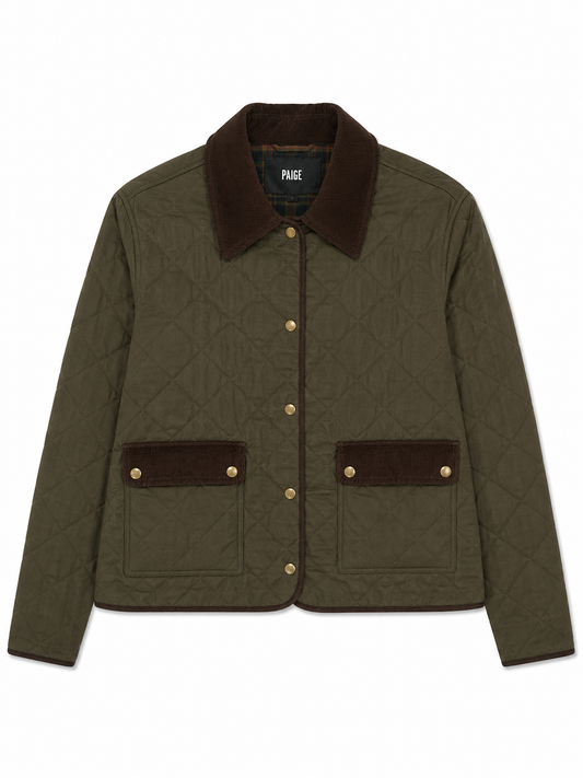An olive green quilted jacket with dark brown corduroy collar and pocket flaps, featuring gold-tone snap buttons and a visible Pliage brand label.