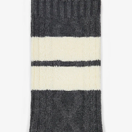 dark grey marl socks with cream stripes close up