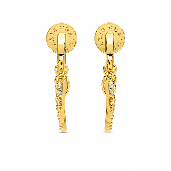 A pair of gold hoop earrings with dangling fringe chains and small clear stones, shown on a plain white background. The brand name 'ELLIS & KLEIN' is stamped on the inside of the hoops.