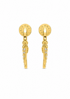 A pair of gold hoop earrings with dangling fringe chains and small clear stones, shown on a plain white background. The brand name 'ELLIS & KLEIN' is stamped on the inside of the hoops.