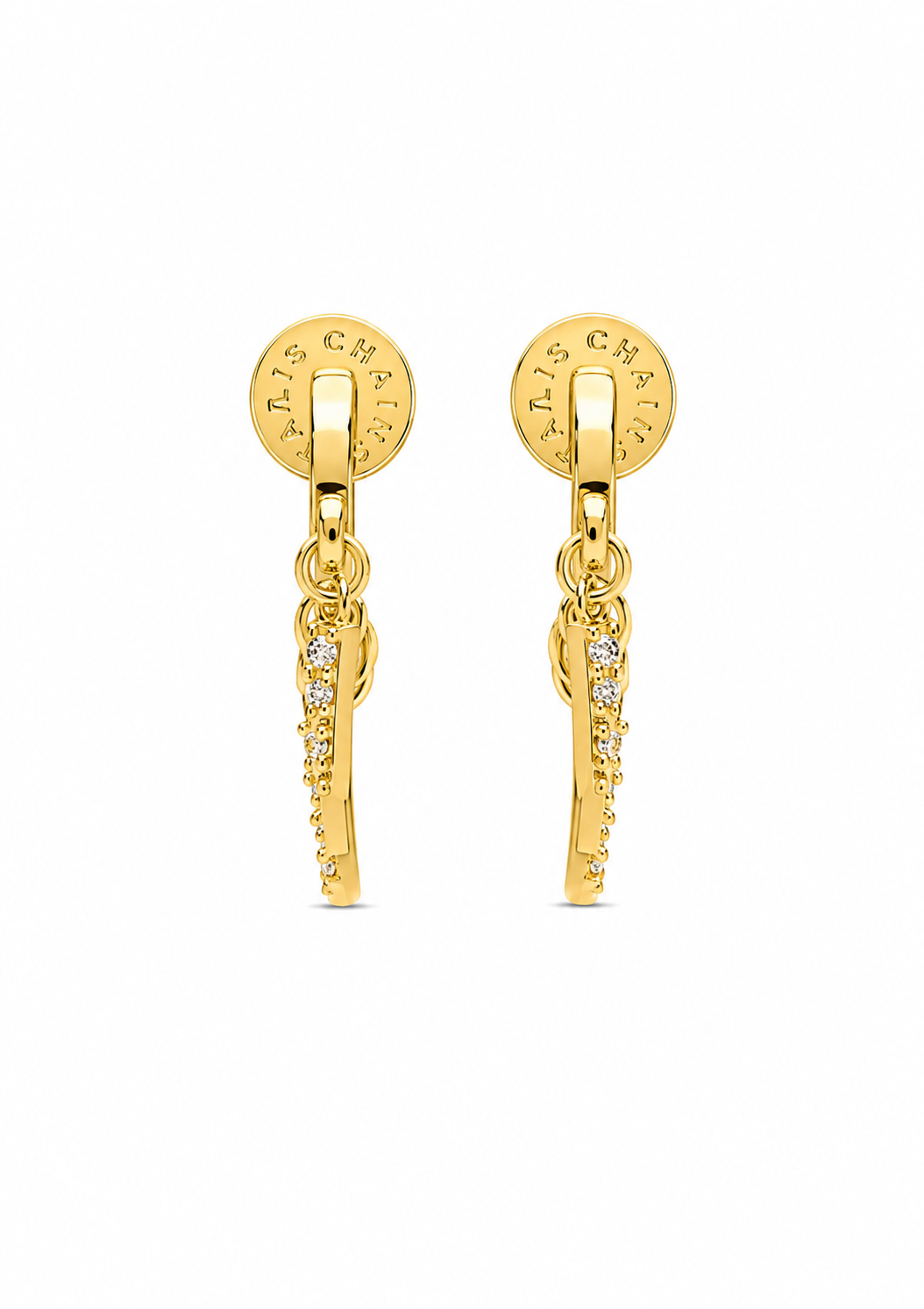 A pair of gold hoop earrings with dangling fringe chains and small clear stones, shown on a plain white background. The brand name 'ELLIS & KLEIN' is stamped on the inside of the hoops.
