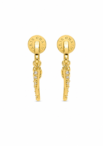 A pair of gold hoop earrings with dangling fringe chains and small clear stones, shown on a plain white background. The brand name 'ELLIS & KLEIN' is stamped on the inside of the hoops.