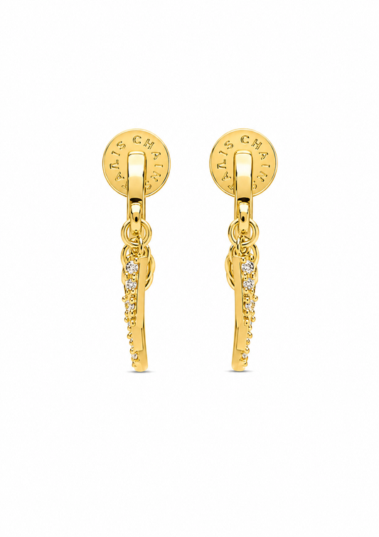 A pair of gold hoop earrings with dangling fringe chains and small clear stones, shown on a plain white background. The brand name 'ELLIS & KLEIN' is stamped on the inside of the hoops.