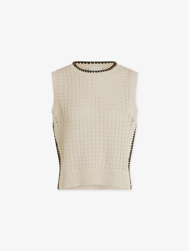 Knitted ecru vest  with contrast detailing at eh neck and side