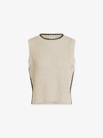 Knitted ecru vest  with contrast detailing at eh neck and side