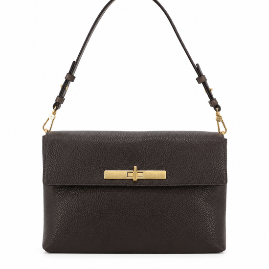 A dark brown pebbled leather shoulder bag with a gold-tone turn-lock clasp and a matching adjustable shoulder strap, shown against a plain white background.
