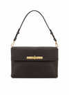 A dark brown pebbled leather shoulder bag with a gold-tone turn-lock clasp and a matching adjustable shoulder strap, shown against a plain white background.
