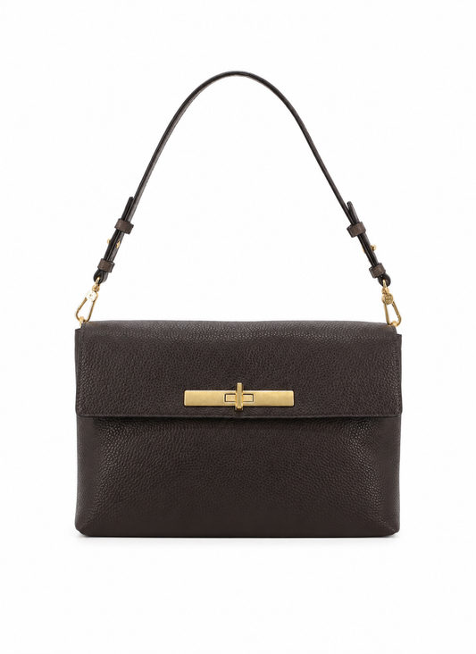 A dark brown pebbled leather shoulder bag with a gold-tone turn-lock clasp and a matching adjustable shoulder strap, shown against a plain white background.