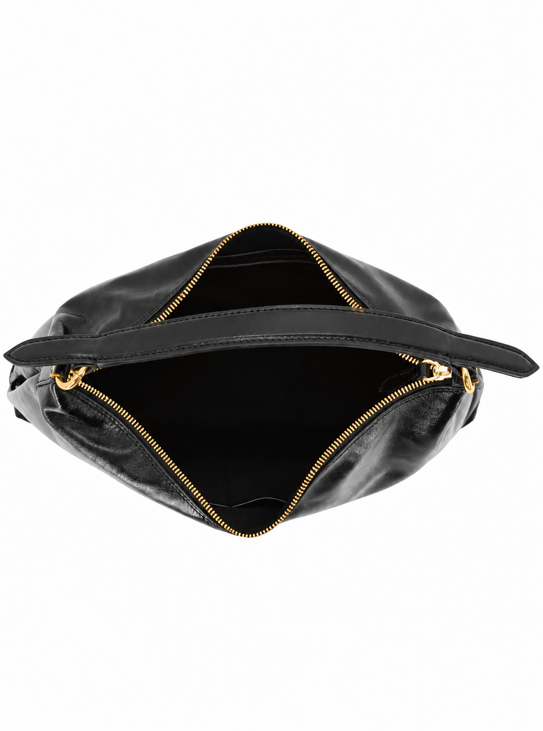 A black leather slouchy hobo handbag with gold-tone hardware and a single shoulder strap, photographed against a plain white background.