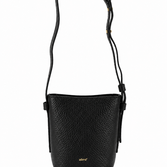 A black pebbled leather crossbody bag with a small gold 'abro' logo on the front, shown against a plain white background.