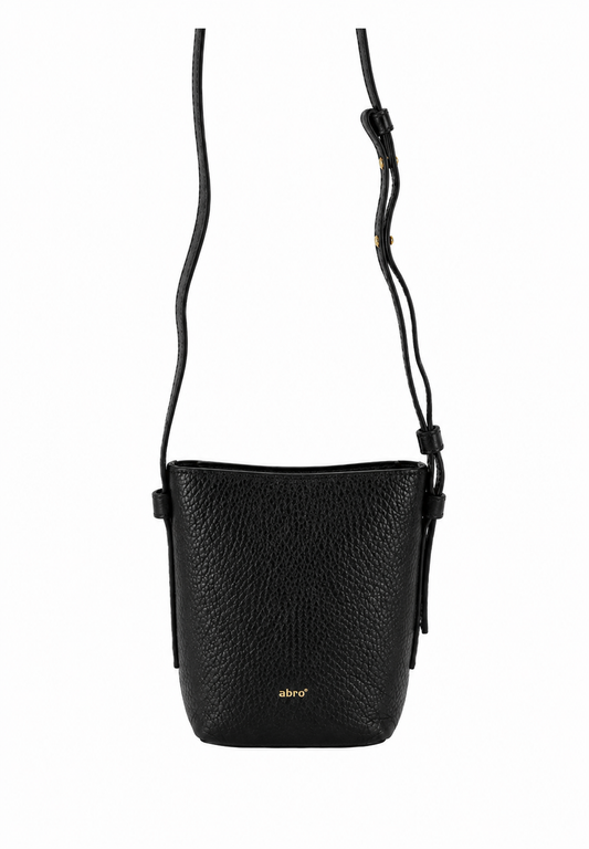 A black pebbled leather crossbody bag with a small gold 'abro' logo on the front, shown against a plain white background.