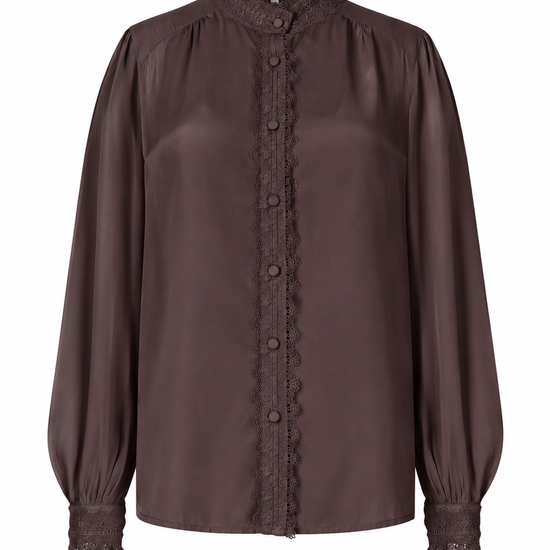 A dark brown long-sleeve blouse with a high ruffled collar, scalloped button placket, and lace cuffs, shown against a plain white background.