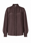 A dark brown long-sleeve blouse with a high ruffled collar, scalloped button placket, and lace cuffs, shown against a plain white background.