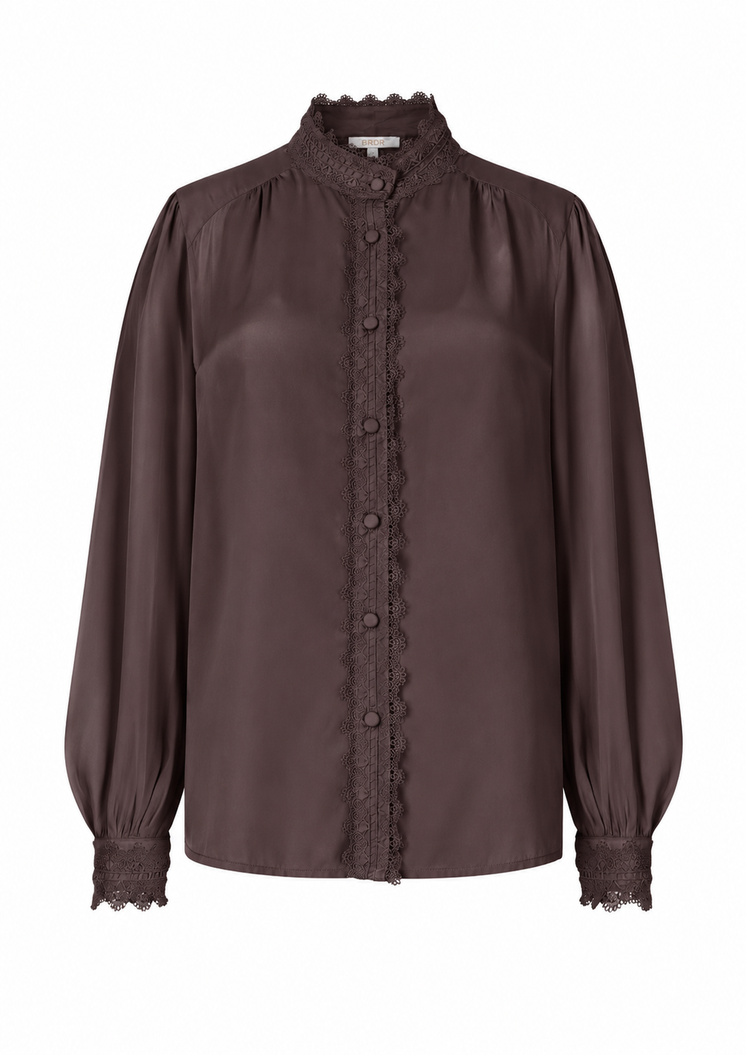 A dark brown long-sleeve blouse with a high ruffled collar, scalloped button placket, and lace cuffs, shown against a plain white background.