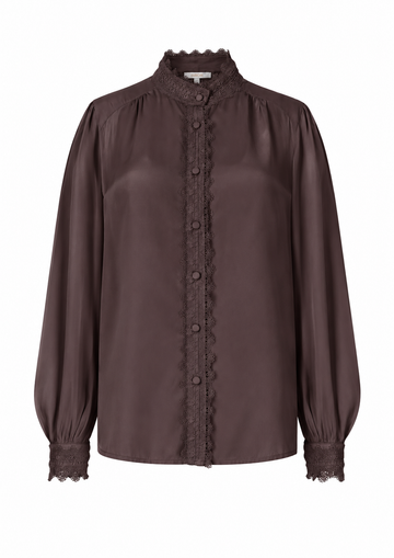 A dark brown long-sleeve blouse with a high ruffled collar, scalloped button placket, and lace cuffs, shown against a plain white background.