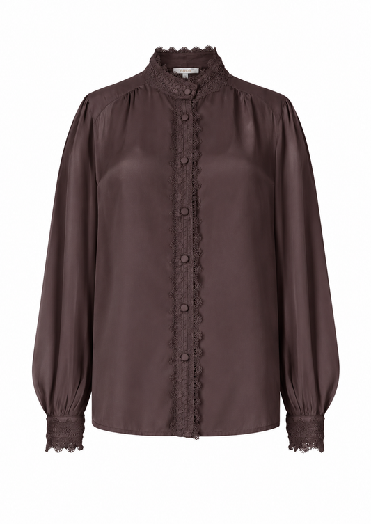 A dark brown long-sleeve blouse with a high ruffled collar, scalloped button placket, and lace cuffs, shown against a plain white background.