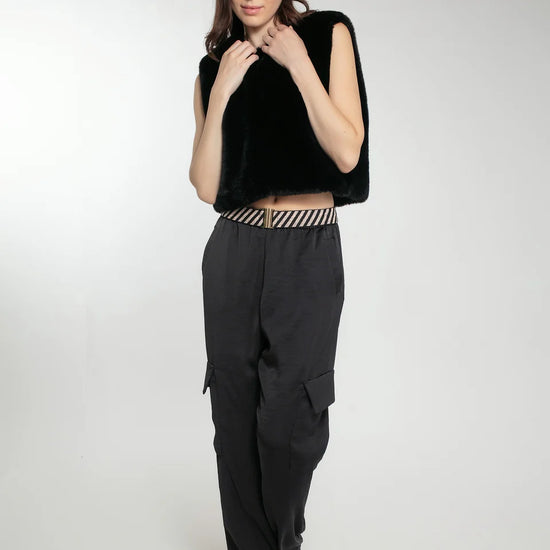 faux fur black gilet with round neck model shot