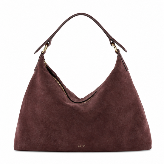 A dark brown suede hobo shoulder bag with a single leather strap and gold-tone hardware, shown against a plain white background.