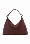 A dark brown suede hobo shoulder bag with a single leather strap and gold-tone hardware, shown against a plain white background.