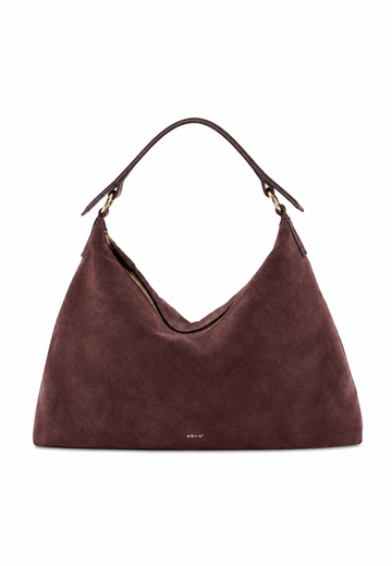 A dark brown suede hobo shoulder bag with a single leather strap and gold-tone hardware, shown against a plain white background.