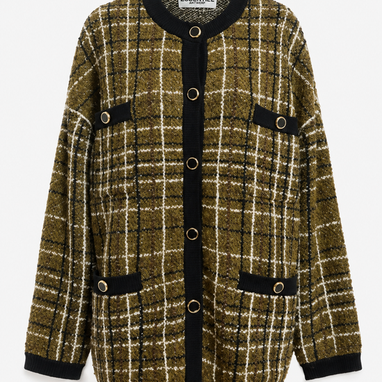 A plaid cardigan sweater featuring an olive green, beige, and black checkered pattern with black trim and button details, shown flat on a light gray background.