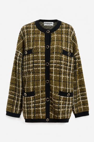 A plaid cardigan sweater featuring an olive green, beige, and black checkered pattern with black trim and button details, shown flat on a light gray background.