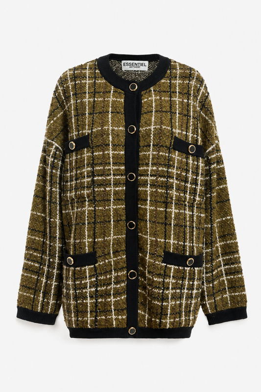 A plaid cardigan sweater featuring an olive green, beige, and black checkered pattern with black trim and button details, shown flat on a light gray background.