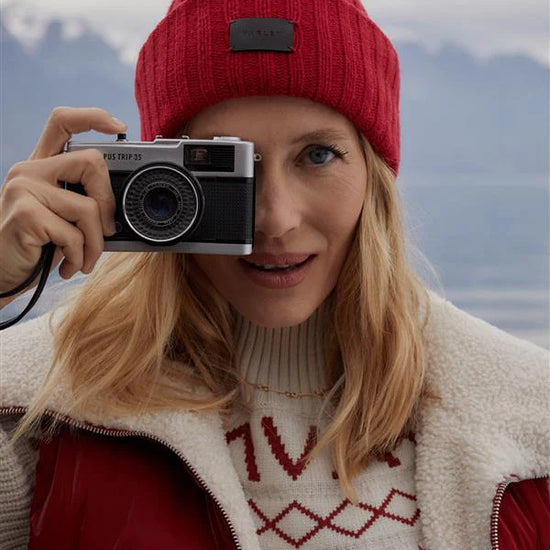 chunky red ribbed beanie model shot