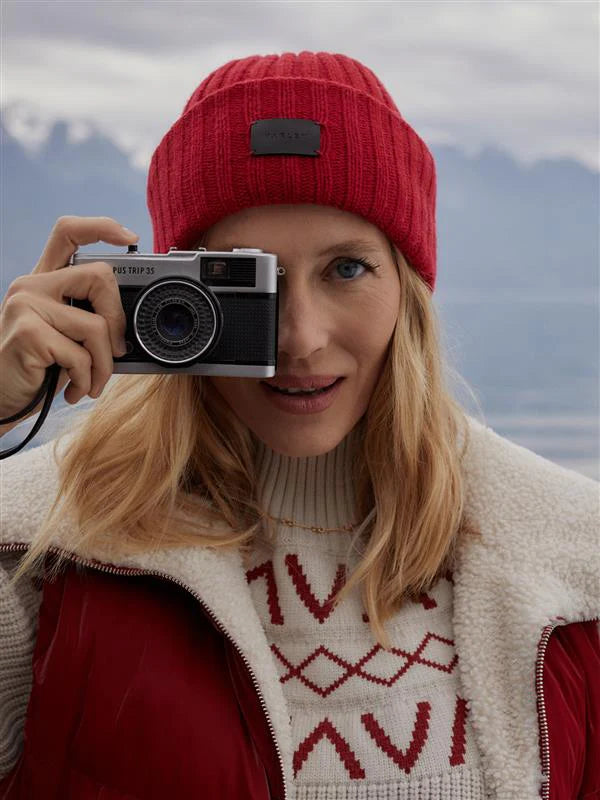 chunky red ribbed beanie model shot